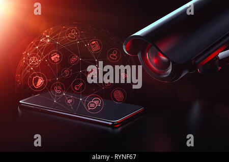 Mobile Daten Überwachung. Die Sicherheitsanfälligkeit für Verfolgung und Überwachung Konzept. 3D-Rendering Stockfoto