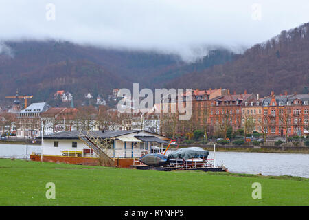 Boot am Neckar Wiese in der Nähe der Innenstadt von Heidelberg verankert, mit alten Gebäuden und schönen Hügel Landschaft mit Nebel in Deutschland Stockfoto