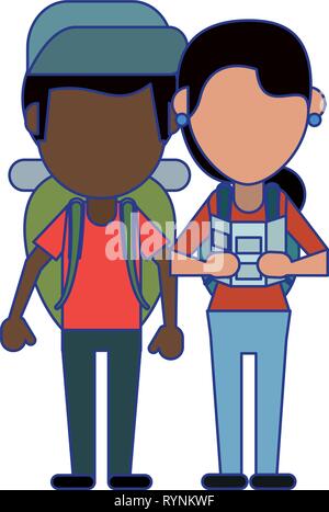 Paar Touristen Avatar Cartoon blaue Linien Stock Vektor
