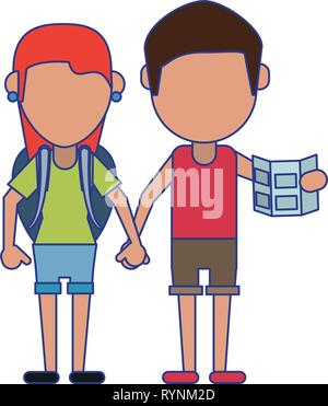 Paar Touristen Avatar Cartoon blaue Linien Stock Vektor