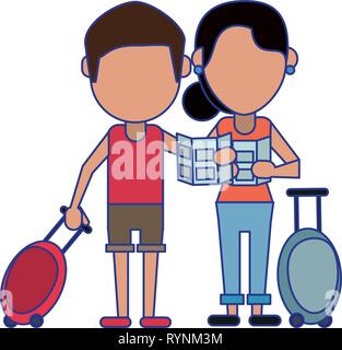 Paar Touristen Avatar Cartoon blaue Linien Stock Vektor