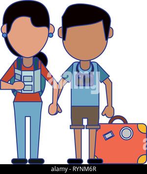 Paar Touristen Avatar Cartoon blaue Linien Stock Vektor