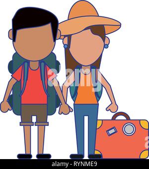 Paar Touristen Avatar Cartoon blaue Linien Stock Vektor