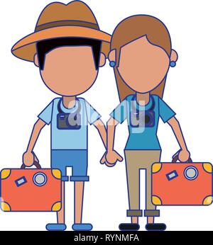 Paar Touristen Avatar Cartoon blaue Linien Stock Vektor