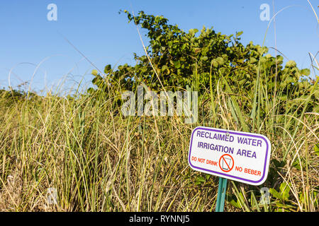 Florida Saint St. Lucie County, Fort Ft. Pierce, A1A, North Hutchinson Barrier Island, Düne, Schild, Reclaimed Water Bewässerungsgebiet, Erhaltung, Recycling, gr Stockfoto