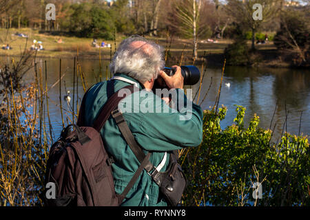 Ältere Fotograf nimmt Bilder der Landschaft im Park Stockfoto