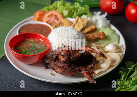 Nasi Lemak kukus mit Wachtel Fleisch, beliebten traditionellen malaysischen lokalen Essen. Stockfoto