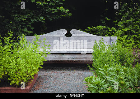 Verwitterten Holzbank in einem grünen Garten. Stockfoto