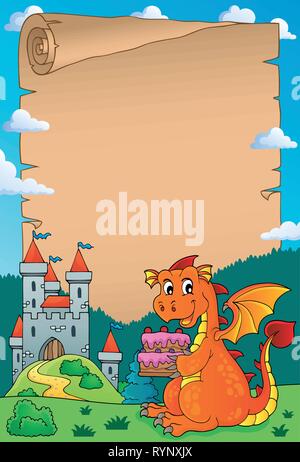 Dragon holding Kuchen Thema Pergament 2-eps 10 Vector Illustration. Stock Vektor