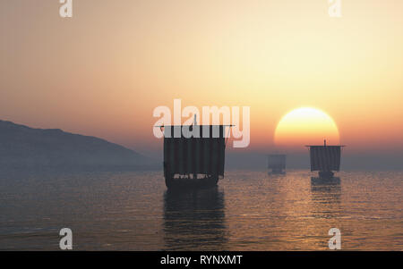 Viking Longships nähert sich bei Sonnenuntergang Stockfoto