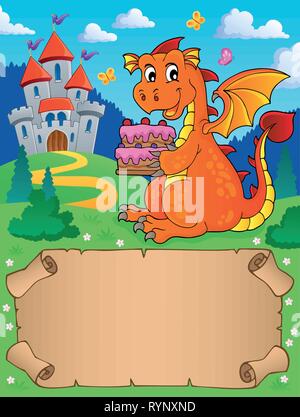 Kleines Pergament und Dragon holding Kuchen-eps 10 Vector Illustration. Stock Vektor