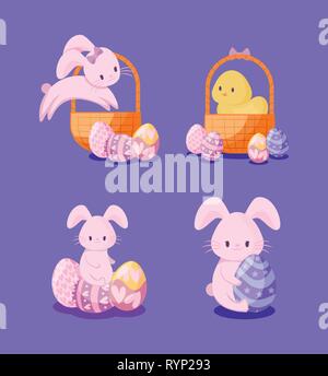 Set von niedlichen Kaninchen und Huhn von ostern Vektor-Illustration Design Stock Vektor