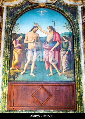 Il Battesimo di Cristo (die Taufe Christi) von Pietro Vannucci bekannt als "Il Perugino" (1450 - 1523) - St St Gervasius und Protasius Kirche, Città della Pieve, Perugia, Italien Stockfoto