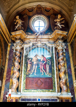 Il Battesimo di Cristo (die Taufe Christi) von Pietro Vannucci bekannt als "Il Perugino" (1450 - 1523) - St St Gervasius und Protasius Kirche, Città della Pieve, Perugia, Italien Stockfoto