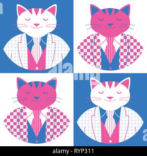 Nahtlose Muster mit vier cartoon Katzen in Plaid jacke, weste und krawatte. Elegante Katzen im Retro-stil auf Quadrat Hintergründe isoliert Stock Vektor