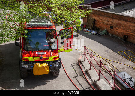 Fire Engine heraus auf einen Trainingstag, in Matlock Bath Derbyshire in der Sonne Stockfoto