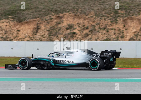 Barcelona, Spanien. Feb, 20., 2019 - Valtteri Bottas fahren die (77) MERCEDES AMG PETRONAS-F1-Team Mercedes W10 am Anschluss Tag drei von F1 Winter Testin Stockfoto