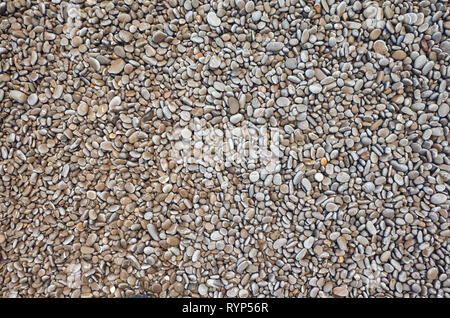 Natürliche Hintergrund aus kleinen Kieseln am Strand. Stockfoto