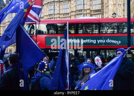 London, Großbritannien. 14 Mär, 2019. Remainers gegenüber dem Parlament als MPs Abstimmung über die Regierung motion Brexit zu Juni 2019 verzögern. . Credit: Claire Doherty/Alamy leben Nachrichten Stockfoto