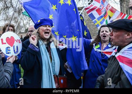 London, Großbritannien. 14 Mär, 2019. Remainers gegenüber dem Parlament als MPs Abstimmung über die Regierung motion Brexit zu Juni 2019 verzögern. . Credit: Claire Doherty/Alamy leben Nachrichten Stockfoto