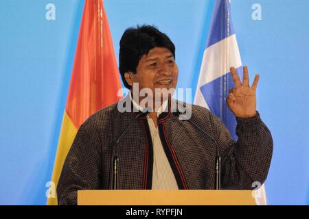 Athen, Griechenland. 14 Mär, 2019. Präsident von Bolivien, Evo Morales gesehen eine Rede von Stavros Niarchos Foundation Cultural Center. Credit: Giorgos Zachos/SOPA Images/ZUMA Draht/Alamy leben Nachrichten Stockfoto