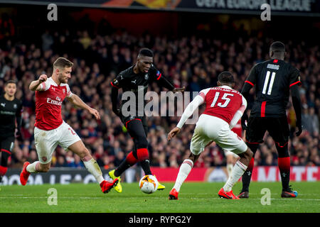 London, Großbritannien. 14 Mär, 2019. Ismaďla Sarr von Rennes während der UEFA Europa League Umlauf von 32 zweites Bein Spiel zwischen Arsenal und Rennes im Emirates Stadium, London, England am 14. März 2019. Foto von salvio Calabrese. Nur die redaktionelle Nutzung, eine Lizenz für die gewerbliche Nutzung erforderlich. Keine Verwendung in Wetten, Spiele oder einer einzelnen Verein/Liga/player Publikationen. Credit: UK Sport Pics Ltd/Alamy leben Nachrichten Stockfoto