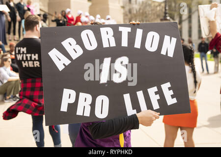 Atlanta, Georgia, USA. 14 Mär, 2019. Dutzende von pro-choice-Demonstranten, die gegen die "heartbeat Bill '' Rechtsvorschriften an der Georgia State Capitol Building gezeigt. Die Rechtsvorschriften würden die meisten Abtreibungen verbieten Nach sechs Wochen. Der Protest wurde von mehreren Gruppen einschließlich der Mägde Unite - Georgien organisiert. Mehrere Demonstranten als Zeichen aus dem Buch die Geschichte der Dienerin gekleidet. Quelle: Steve Eberhardt/ZUMA Draht/Alamy leben Nachrichten Stockfoto