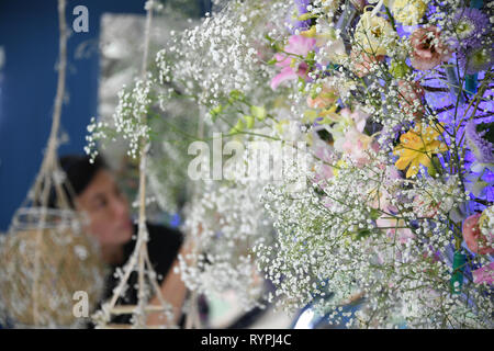 Hongkong, China. 14 Mär, 2019. Ein blumengeschäft bereitet eine Ausstellung während der Hong Kong Blumenausstellung in Hong Kong, South China, 14. März 2019. Die 10-tägige flower show trat weg hier am Freitag. Credit: Lui Siu Wai/Xinhua/Alamy leben Nachrichten Stockfoto