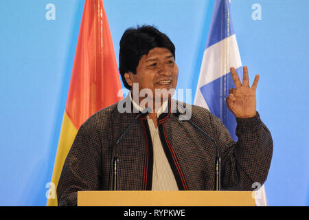 Präsident von Bolivien, Evo Morales gesehen eine Rede von Stavros Niarchos Foundation Cultural Center. Stockfoto