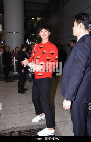 Hongkong, China. 14 Mär, 2019. Park Bo Gummi kam nach Hongkong für Fan Meeting Konferenz durch das Tragen einer roten Pullover in Hongkong, China, am 14. März 2019. (Foto durch TPG) Credit: TopPhoto/Alamy leben Nachrichten Stockfoto
