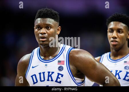 Duke Blue Devils vorwärts Zion Williamson (1) Während der ACC College Basketball Turnier Spiel zwischen den Syracuse Orange und die Duke Blue Devils im Spectrum Center am Donnerstag, den 14. März 2019 in Charlotte, NC. Jakob Kupferman/CSM Stockfoto