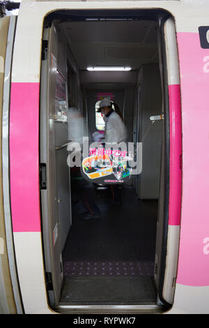 OSAKA, Japan-28 FEB 2019 - Ansicht der Sonderlackierung Hello Kitty Shinkansen, high-speed Bullet Train auf der Sanyo Linie zwischen Osaka und Stockfoto