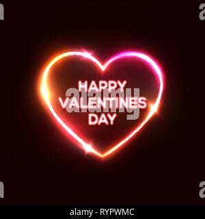 Happy Valentines Day Text in Herzform Leuchtreklame. Helle Grußkarte Design auf dunklen Rot nacht Hintergrund. Dekorative elektrische Led Licht Lampe Bann Stock Vektor