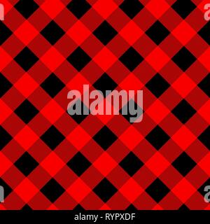 Buffalo plaid nahtlose Muster mit diagonalen Linien. Abwechselnd roten und schwarzen Quadrate Holzfäller Hintergrund. Vector Illustration. Stock Vektor