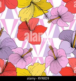 Vektor Hibiskus Blumen tropische Blumen. Graviert Tinte Kunst auf weißem Hintergrund. Nahtlose Muster. Stock Vektor