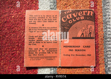 Den Cavern Club, Mitgliedskarte, 1963 in Liverpool, Großbritannien Stockfoto