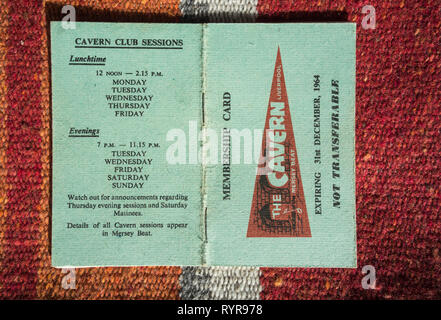 Den Cavern Club, Mitgliedskarte, 1963 in Liverpool, Großbritannien Stockfoto