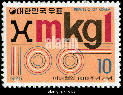 Briefmarke aus Südkorea in der 100-Jahrfeier der Internationalen Meterkonvention Serie 1975 ausgestellt Stockfoto