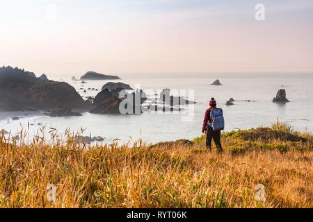 Weibliche Wanderer auf der Suche nach Küstenlandschaft mit vielen schroffen felsigen Inseln, Whaleshead, Samuel H. Boardman State Scenic Stockfoto