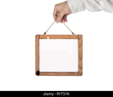 Hand, die leere weiße Anzeige auf weißem Hintergrund Stockfoto