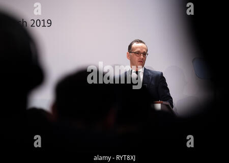 Berlin, Deutschland. 15 Mär, 2019. Heiko Maas (SPD), Außenminister der Bundesrepublik Deutschland, spricht auf einer internationalen Konferenz des Auswärtigen Amtes auf dem Gebiet der Rüstungskontrolle. Foto: Ralf Hirschberger/dpa/Alamy leben Nachrichten Stockfoto