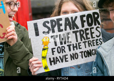 Plakat „Ich spreche für die Bäume“ in Preston, Lancashire. März 2019. Schulstreik 4 Klimawandel als Eltern und Schulkinder sich vor dem Bahnhof versammeln, protestieren sie mit Transparenten und Plakaten für Maßnahmen gegen den Klimawandel. Die Demonstranten marschierten durch die Innenstadt, um ihren Protest auf dem Flaggenmarkt in der Innenstadt fortzusetzen. Kinder aus der Umgebung von Lancashire sind heute im Rahmen eines internationalen Klimastreiks aus dem Unterricht gegangen. Credit: MWI/AlamyLiveNews Stockfoto