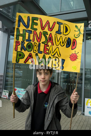 Aberystwyth, Großbritannien. 15 Mär, 2019. Schüler, Eltern und Erwachsene demonstrieren, als Teil der weltweiten Protest, Maßnahmen gegen den Klimawandel in Aberystwyth, Ceredigion, Wales, Großbritannien zu verlangen. Credit: Julio Etchart zu ihrem/Alamy leben Nachrichten Stockfoto