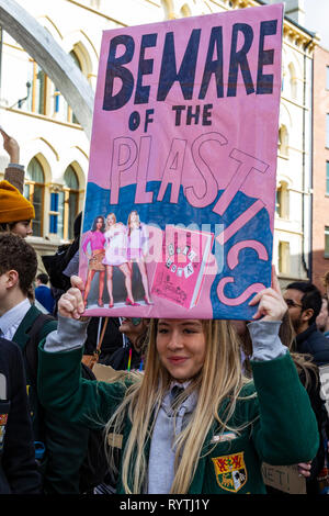 Kornmarkt, Belfast, UK. 15 Mär, 2019. Jugend Streik 4 Klima Protest in Belfast Studenten aus rund 30 Städten und Gemeinden im gesamten Vereinigten Königreich fehlen Schule gegen den Klimawandel zu protestieren. Demonstrationen in Gebieten wie London, Bristol, Belfast Credit statt: Bonzo/Alamy leben Nachrichten Stockfoto