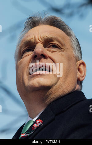 Budapest, Ungarn. 15. Mär 2019. Dem ungarischen Ministerpräsidenten Viktor Orbán spricht während Feierlichkeiten des Ungarischen Nationalen Tag in Budapest, Ungarn Quelle: Alex Musta/Alamy leben Nachrichten Stockfoto