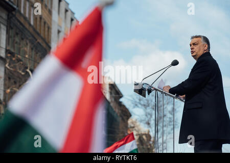 Budapest, Ungarn. 15. Mär 2019. Dem ungarischen Ministerpräsidenten Viktor Orbán spricht während Feierlichkeiten des Ungarischen Nationalen Tag in Budapest, Ungarn Quelle: Alex Musta/Alamy leben Nachrichten Stockfoto