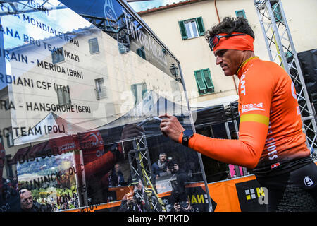 Pomarance, Italien. 15 Mär, 2019. Foto Gian Mattia D'Alberto/LaPresse 15/03/2019 Pomarance (Italia) Sport Ciclismo Tirreno-Adriatico 2019 - EDIZIONE 54-da pomarance ein Foligno (226 km) Nella Foto: Greg Van Avermaet BEL Foto Gian Mattia D'Alberto/LaPresse März 15, 2018 Imperia (Italien) Sport Radsport Tirreno-Adriatico 2019 - Edition 54 - Pomarance in Foligno (140 Miglia) Im Pic: &#xa0; Greg Van Avermaet BEL Credit: LaPresse/Alamy leben Nachrichten Stockfoto