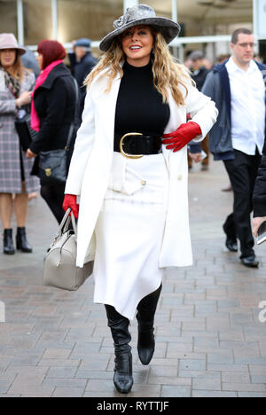 Carol Vorderman bei Gold Cup Tag der 2019 Cheltenham Festival in Cheltenham Racecourse. Stockfoto