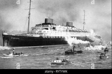 Transport/Verkehr, Navigation, Dampfschiff, schnelle Dampfer "Europa" des Norddeutschen Lloyd, die von Blohm und Voss in Hamburg gebaut, so dass in den Hamburger Hafen zum Test Drive, 22.2.1930, Additional-Rights - Clearance-Info - Not-Available Stockfoto