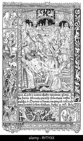 Religion, Christentum, Jesus Christus, interment interment, Christi, Holzschnitt, aus dem Buch von Stunden, Drucken: Simon Vostre, Paris, 1512, Additional-Rights - Clearance-Info - Not-Available Stockfoto